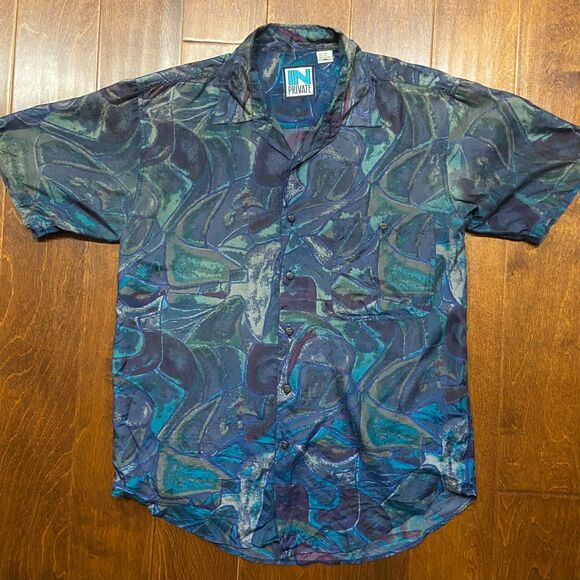 In Private Vintage 90s Abstract Multicolored Button Front Silk Shirt Men's Small - Picture 3 of 8